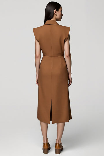 Brown V-Neck Sheath Work Dress with Slit